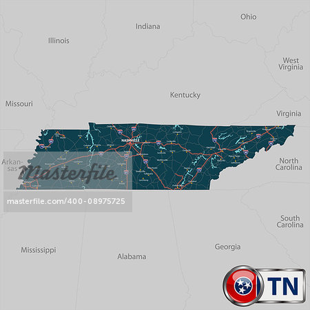 Vector set of Tennessee state with roads map, cities and neighboring states