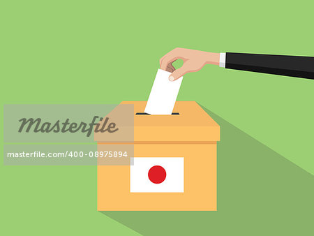 japan vote election concept illustration with people voter hand gives votes insert to boxes election with long shadow flat style vector