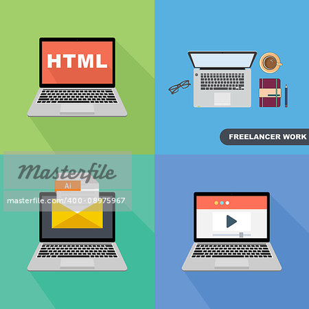Set of icons and pictures of IT theme and business concept. Laptops with letters and programming in html.
