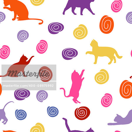 Cats and balls. seamless baby background with colour cats and balls
