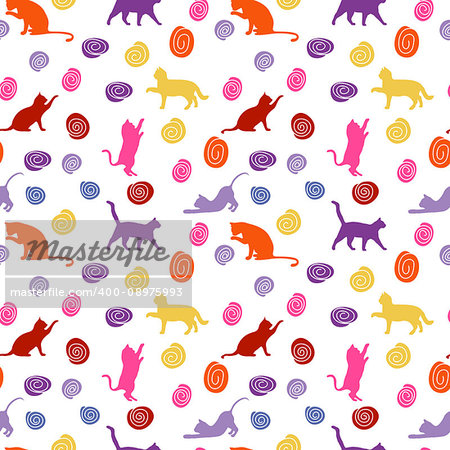 Cats and balls. seamless baby background with colour cats and balls