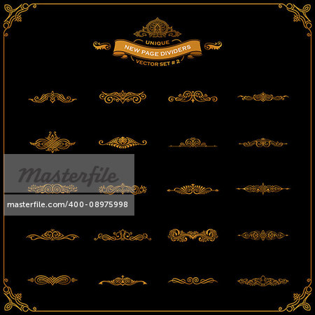 New Calligraphic Page Divider set and Element of vintage ornament. Elements for retro logo and vector crest, decorative border line. Gold royal border book