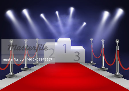 Stage for awards ceremony. White podium with red carpet. Pedestal. Scene. Spotlight. 3D. Vector illustration EPS10