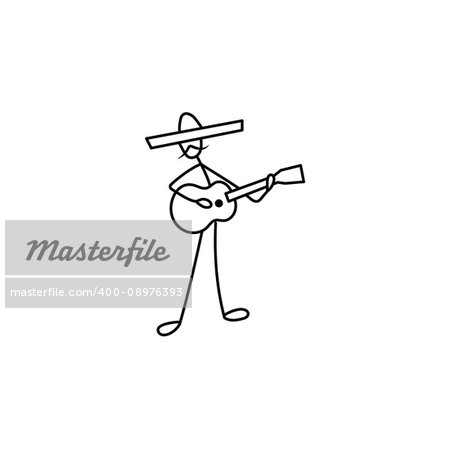 Stick figure man guitarist vector in sombrero