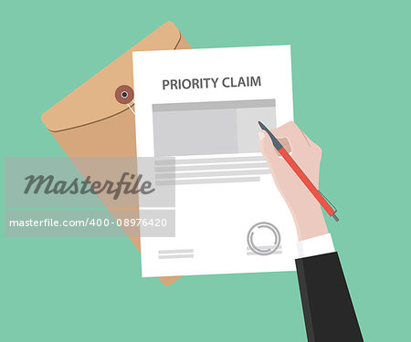 illustration of a man signing stamped priority claim letter using a red pen with folder document and green background vector