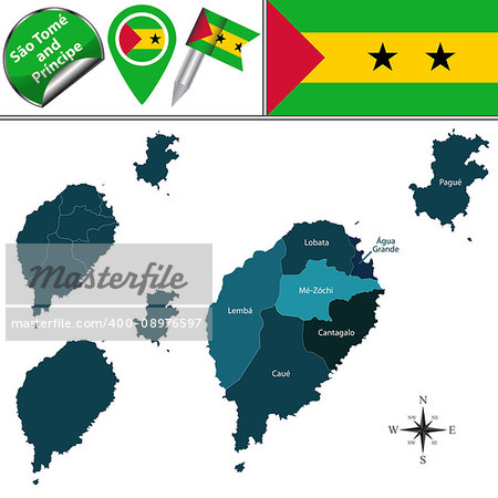 Vector map of Sao Tome and Principe with named districts and travel icons