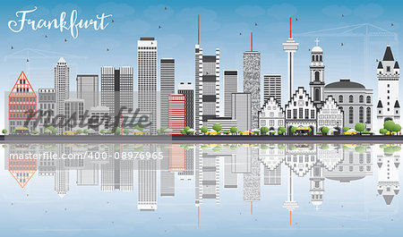 Frankfurt Skyline with Gray Buildings, Blue Sky and Reflections. Vector Illustration. Business Travel and Tourism Concept with Modern Buildings. Image for Presentation Banner Placard and Web Site.