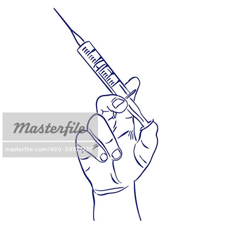 doodle hand drawn sketch syringe in hand for injection