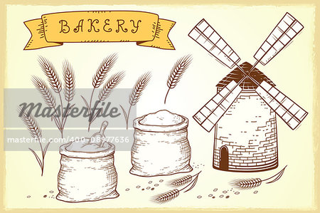 vintage hand drawn bakery set with mill and wheat ears