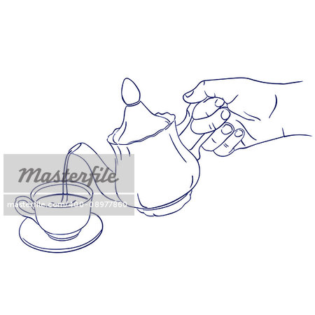 doodle hand drawn sketch teapot pours tea into a cup