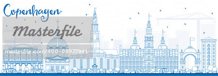 Outline Copenhagen Skyline with Blue Landmarks. Vector Illustration. Business Travel and Tourism Concept with Historic Buildings. Image for Presentation Banner Placard and Web Site.