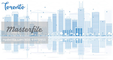 Outline Toronto skyline with blue buildings and reflections. Vector illustration. Business travel and tourism concept with place for text. Image for presentation, banner, placard and web site.