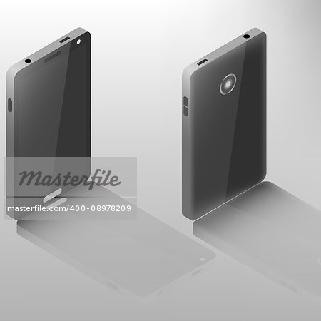 Mobile phone with mirror reflection isolated on white background. Digital device design element. Front and back side. 3D isometric style, vector illustration.