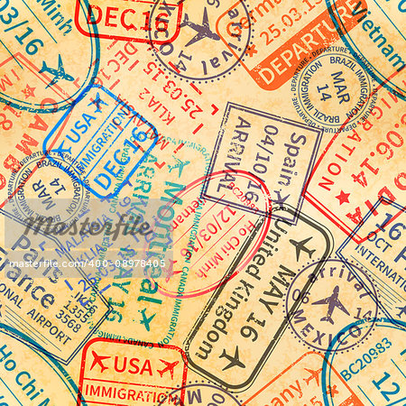 A lot of colorful International travel visa rubber stamps imprints on old paper, seamless pattern