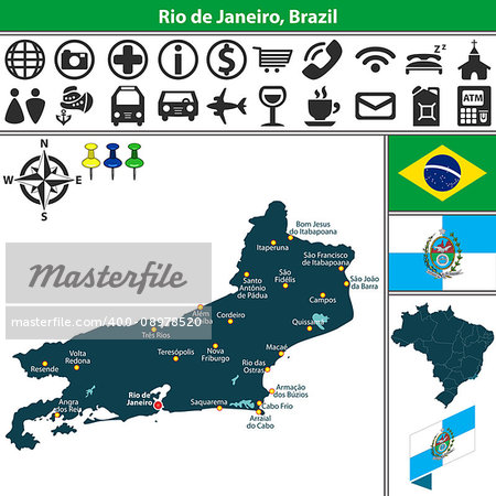 Vector map of region of Rio de Janeiro with flags and location on Brazilian map