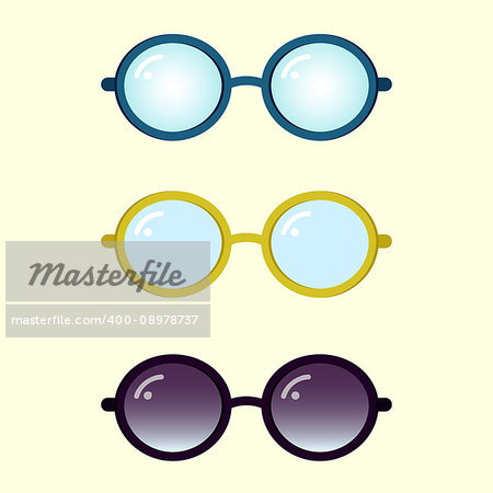 Colorful flat vector glasses set, nice rounded glasses and sunglasses