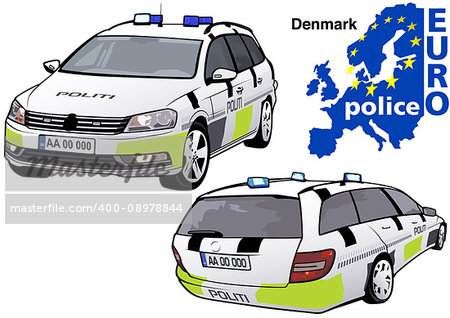 Denmark Police Car - Colored Illustration from Series Europol, Vector