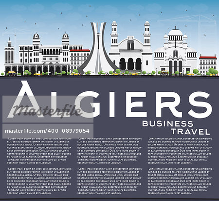 Algiers Skyline with Gray Buildings, Blue Sky and Copy Space. Vector Illustration. Business Travel and Tourism Concept with Historic Architecture. Image for Presentation Banner Placard and Web Site.