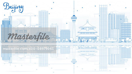 Outline Beijing Skyline with Blue Buildings and Reflections. Vector Illustration. Business travel and tourism concept with copy space. Image for presentation, banner, placard and web site.