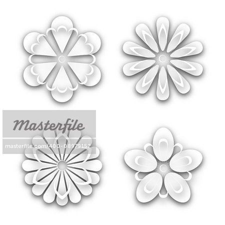 Set of white paper flower buds different shapes, isolated on white background, vector illustration.
