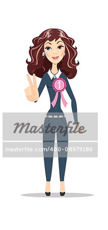 happy young woman victory sign. Stock flat vector illustration.