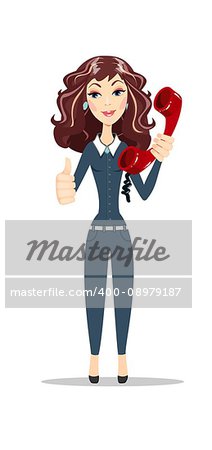 Bored tired beautiful curly young woman with bright makeup in retro style with red telephone receiver over white background. Stock flat vector illustration.
