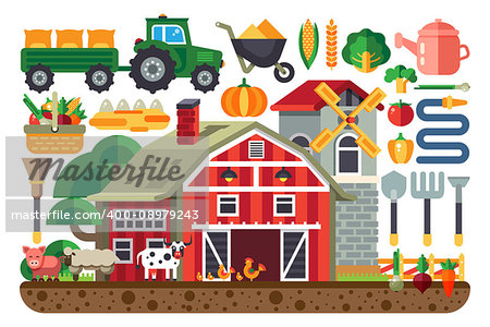 Stock vector illustration set of icons for farm business, house, tractor, tools, artiodactyls, cloven-hoofed domestic animals, crib, barn, chicken, pig, cow, sheep, mill flat style on white background