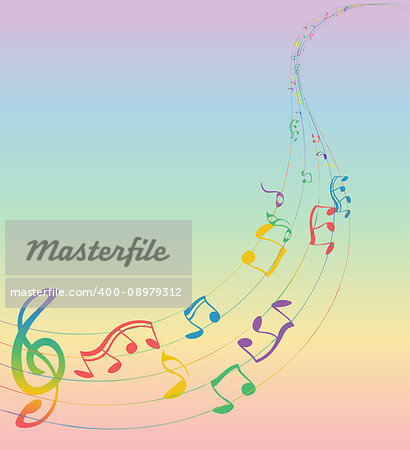Set of musical notes on a five-line clock. Colors of rainbow. Treble clef. Vector Illustration. EPS10