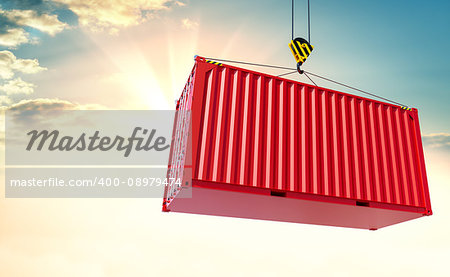 Crane hook and red cargo container on sky background. 3d illustration