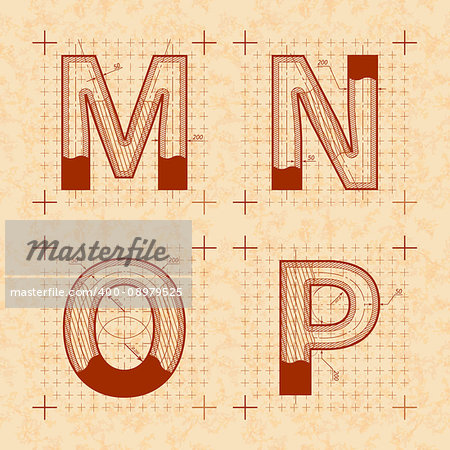 Medieval inventor sketches of M N O P letters. Retro style font on old yellow textured paper