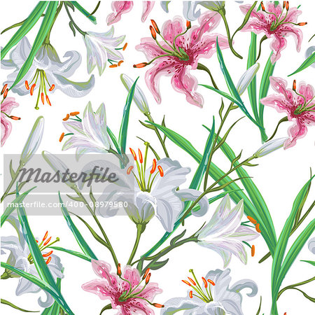 Seamless pattern with flowers. Iris, lily pink and white.Vector. Hand drawn