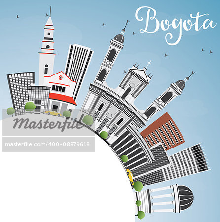 Bogota Skyline with Gray Buildings, Blue Sky and Copy Space. Vector Illustration. Business Travel and Tourism Concept with Historic Buildings. Image for Presentation Banner Placard and Web Site.