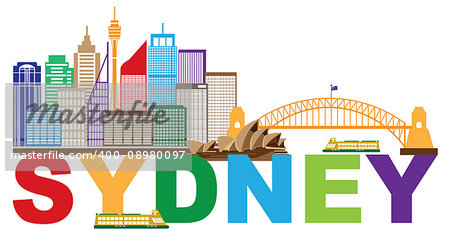 Sydney Australia Skyline Landmarks Harbour Bridge Colorful Abstract Isolated on White Background Illustration