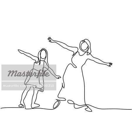 Continuous line drawing. Family with mother and girl in fly. Vector illustration