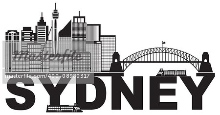 Sydney Australia Skyline Landmarks Harbour Bridge Black Abstract Isolated on White Background Illustration