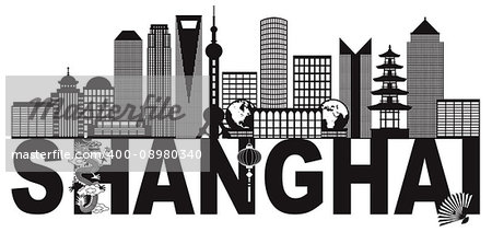 Shanghai China City Skyline Outline Silhouette Black Text Abstract Isolated on White Background Illustration