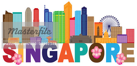 Singapore City Skyline Silhouette Outline Panorama Text Color Isolated on White Background Illustration