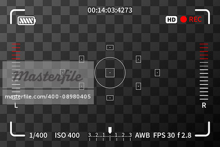 Camera viewfinder with iso, battery and audio levels marks on transparent background