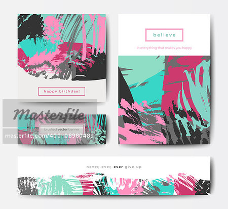Modern grunge brush design templates, invitation, banner, art vector cards design in bright contrast colors