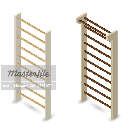 Wooden Swedish wall, isolated on white background. Design elements sports equipment. Flat 3d isometric style, vector illustration.