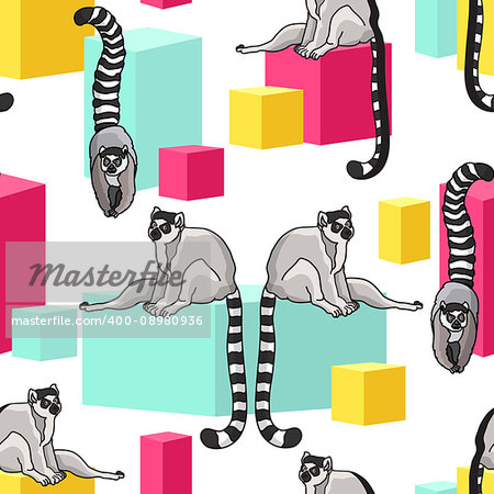 Vector seamless pattern with cute cartoon ring-tailed lemurs and pink yellow blue cubes on white background. Madagascar cats.