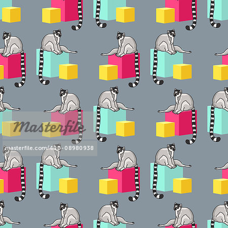 Vector seamless pattern with cute cartoon ring-tailed lemurs and pink yellow blue cubes on grey background. Madagascar cats.