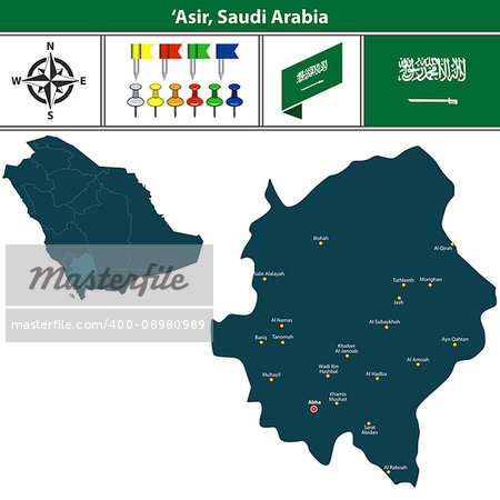 Vector map of Asir region with flag, icons and location on Saudi Arabian map.