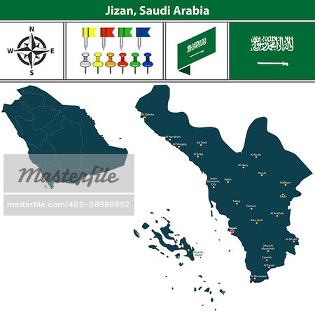 Vector map of Jizan region with flag, icons and location on Saudi Arabian map.