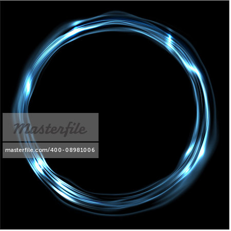 Blue glossy iridescent ring circle background. Vector electric neon round circle shape glowing design