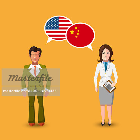 Two people with white speech bubbles with USA and China flags. Language study conceptual illustration