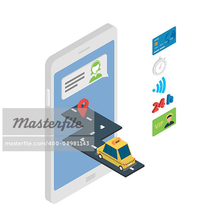 The concept of mobile taxi service. Vector illustration in isometric style.