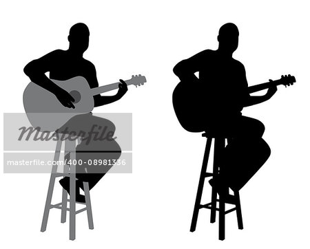 Illustration of a guitar player sitting on a bar stool playing acoustic guitar. Isolated white background. EPS file available.