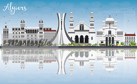 Algiers Skyline with Gray Buildings, Blue Sky and Reflections. Vector Illustration. Business Travel and Tourism Concept with Historic Buildings. Image for Presentation Banner Placard and Web Site.