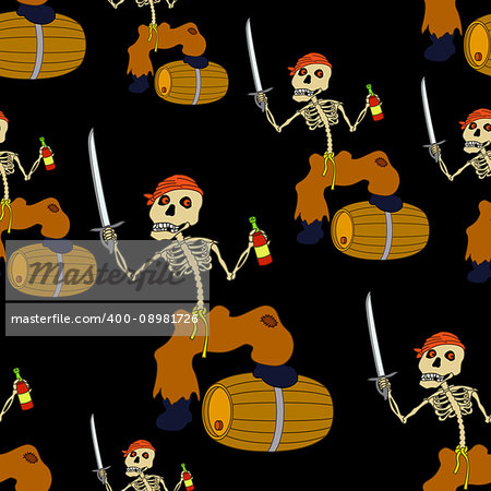 Seamless Wallpaper, Cartoon Evil Zombie Pirate Jolly Roger Skeleton with a Sword, Bottle of Wine and Barrel on Black Tile Background. Vector